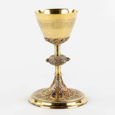 Chalice By : Bourdon Gent Belgium  style Gothic - Style en Full - Silver / Silver Marks 800/1000  Present / Stones, Gemt - Belgium  19 th century