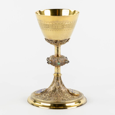 Chalice By : Bourdon Gent Belgium  style Gothic - Style en Full - Silver / Silver Marks 800/1000  Present / Stones, Gemt - Belgium  19 th century