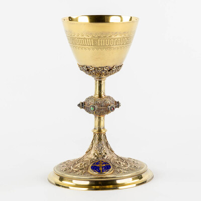 Chalice By : Bourdon Gent Belgium  style Gothic - Style en Full - Silver / Silver Marks 800/1000  Present / Stones, Gemt - Belgium  19 th century