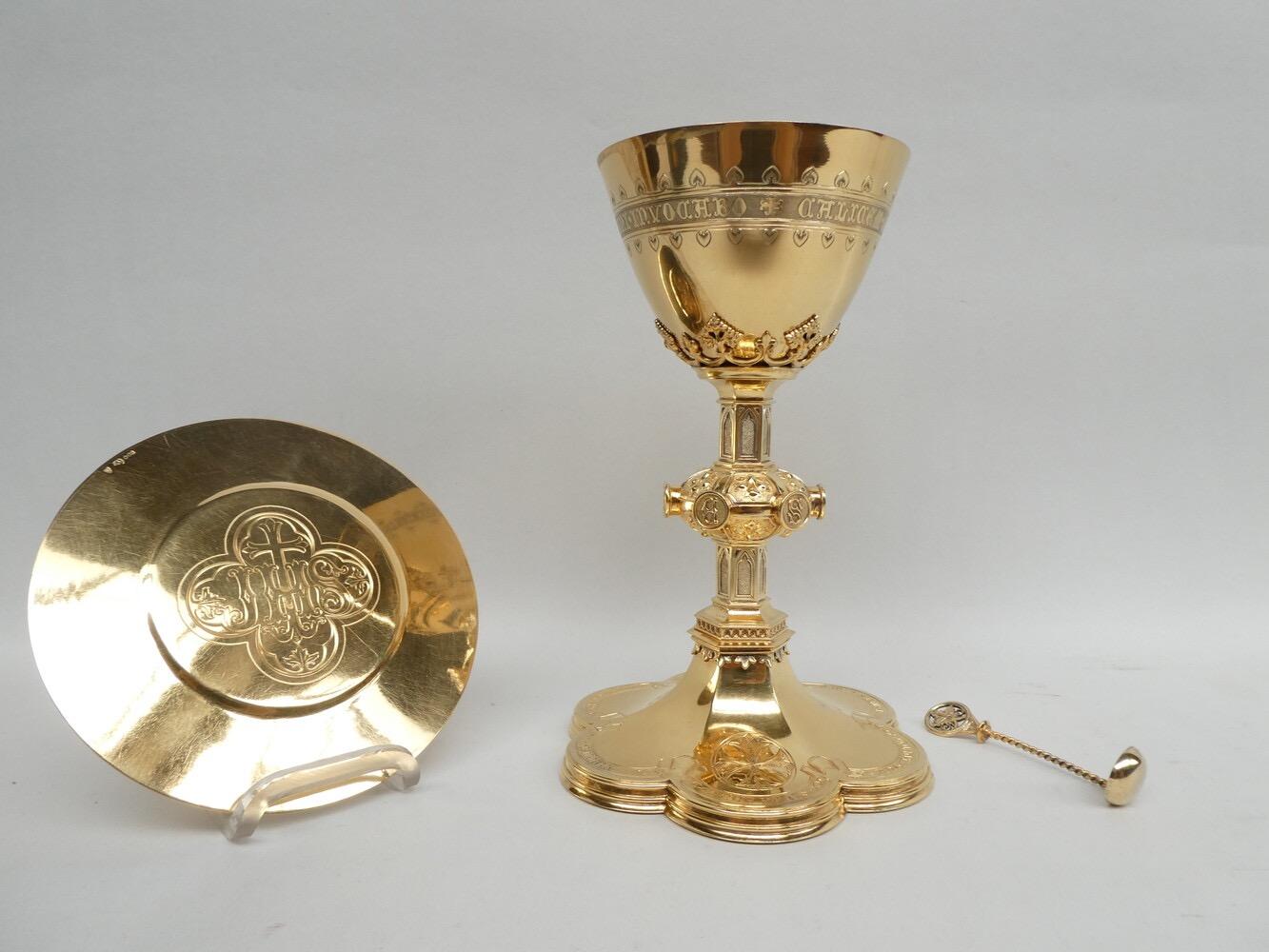 1 Gothic -Style  Chalice By:  Heursel. With Original Case Paten & Spoon.