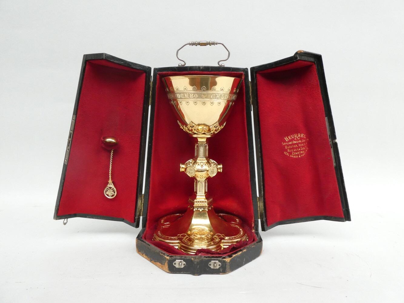 1 Gothic -Style  Chalice By:  Heursel. With Original Case Paten & Spoon.