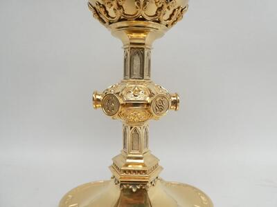 Chalice By:  Heursel. With Original Case Paten & Spoon. style Gothic -Style  en Full -Silver, Courtrai - Belgium  19th