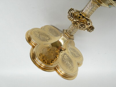 Chalice By: Jean-Baptiste Van Damme ( 1863 - 1917 ) style Gothic - Style en Full - Silver / Silver Marks Present / Stones, Bruges - Belgium  19 th century