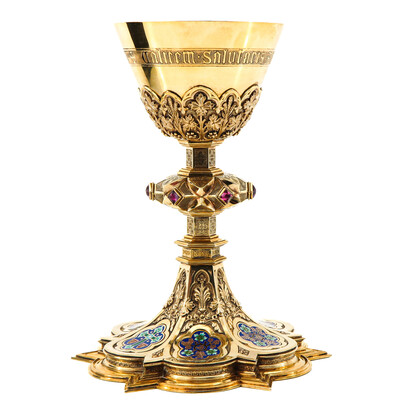 Chalice Complete With Paten Spoon And Original Case style Gothic - Style en Full - Silver / Stones / Enamel, Belgium  19 th century