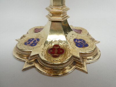 Chalice With Case style Gothic - Style en Brass / Full - Silver Cuppa / Enamel Aplications, Bruges - Belgium 19 th century