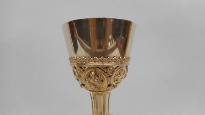 Chalice With Original Case Paten & Spoon  style Gothic - style en Full - Silver, Belgium 19th century