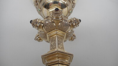 Chalice With Original Case Spoon And Paten  style Gothic - style en Full - Silver / Stones, Signed : Van Damme Bruges - Belgium 19th century