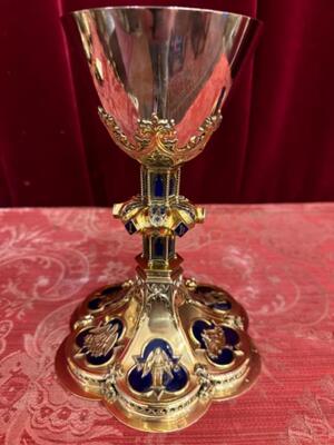 Chalice With Original Paten. Multiple Diamonds On The Base ! style Gothic - Style en Full - Silver / Silver Marks Present / Enamel / Polished & Varnished, Netherlands  19 th century ( Anno 1870 )