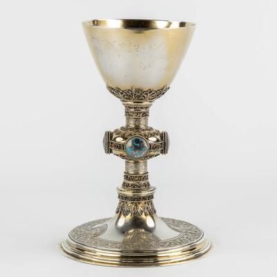 Chalice With Original Paten & Spoon. style Gothic - Style en Full - Silver / Enamel / Silver Marks Present, Germany 19 th century