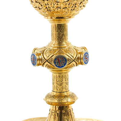 Chalice With Original Paten Spoon And Case  style Gothic - Style en Full Silver / Enamel, Belgium  19 th century