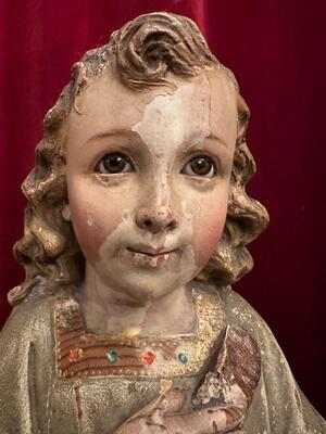 Child Jesus Sculpture style Gothic - Style en Wood / Glass Eyes, Spain 19 th century ( Anno 1885 )