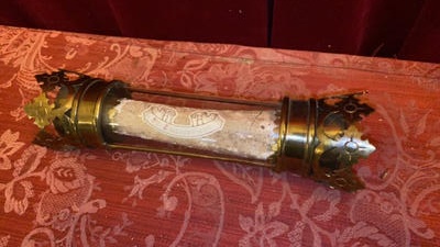 Classicistic Cylinder Reliquary - Relic Ex Ossibus St. Emerentianae style Gothic - style en Brass / Glass / Originally Sealed, Belgium  19 th century ( Anno 1885 )