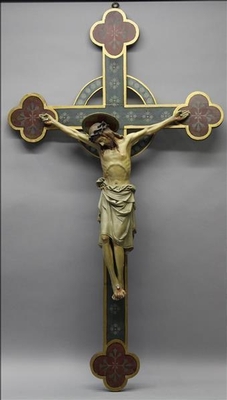 Corpus With Cross Signed : Lelan J.  Expected  ! style Gothic - style en plaster polychrome / Wooden Cross, Kortrijk Belgium 19th century