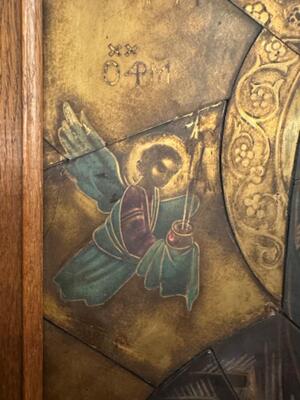 Depiction Of Our Lady Of Perpetual Help  style Gothic - Style en Glass / Wooden Frame, Stained Glass / Painted behind Glass Framed 20 th century ( Anno 1950 )