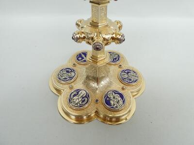 1 Gothic - Style Exceptional Chalice By Jean - Baptiste Van Damme - Bruges - Belgium With Original Paten, Spoon And Case