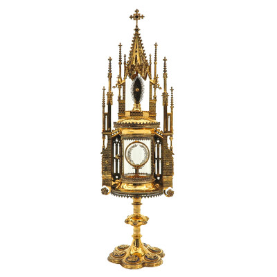 Exceptional Full Silver Monstrance By: Van Damme With Diamonds style Gothic - Style en Full - Silver / Stones / Diamonds / Glass, Brugge - Belgium 19th century