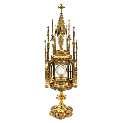 Exceptional Full Silver Monstrance By: Van Damme With Diamonds style Gothic - Style en Full - Silver / Stones / Diamonds / Glass, Brugge - Belgium 19th century