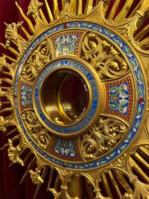 Exceptional Monstrance By : Pierre Le Roux Paris style Gothic - Style en Brass / Bronze / Gilt / Enamel / Glass / Stones / Polished & Varnished, Paris - France 19 th century ( Anno 1865 )