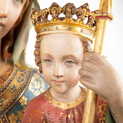 Exceptional St. Mary & Child Statue  style Gothic - style en Terra - Cotta Polychrome, Belgium 19 th century