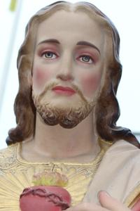 H.Heart Statue style Gothic - Style en Terra-Cotta polychrome, France 19th century anno 1875