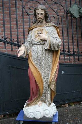 H.Heart Statue style Gothic - style en plaster polychrome, France 19th century