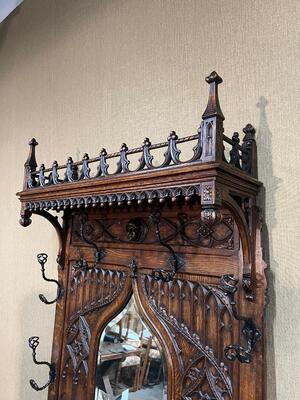 Hall Stand  style Gothic - Style en Oak wood / Cast Iron / Mirror Glass / Zinc, France 19 th century ( Anno 1890 )