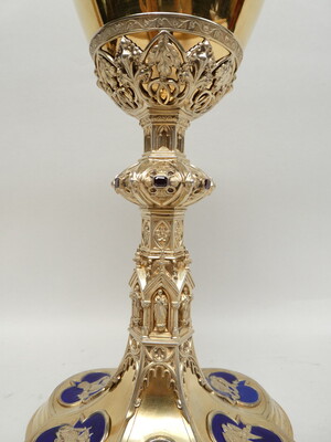 High Quality Full Silver Chalice & Paten style Gothic - Style en Full - Silver / Enamel Elements , Dutch   19 th century ( Anno 1875 )
