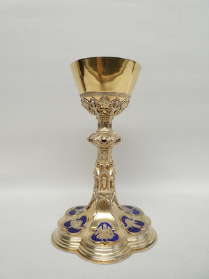 High Quality Full Silver Chalice & Paten style Gothic - Style en Full - Silver / Enamel Elements , Dutch   19 th century ( Anno 1875 )