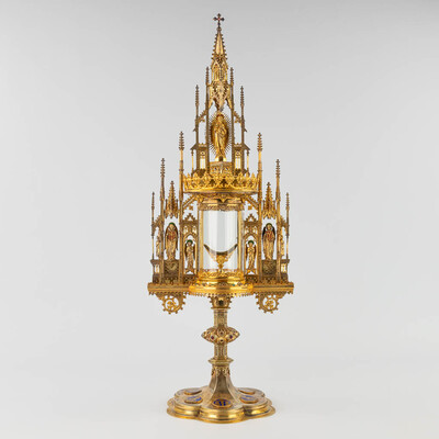Monstrance With Original Case By : Bourdon.  style Gothic - Style en Brass / Gilt / Glass / Stones , Gent - Belgium 19 th century ( Anno 1875 )