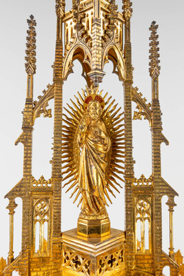 Monstrance With Original Case By : Bourdon.  style Gothic - Style en Brass / Gilt / Glass / Stones , Gent - Belgium 19 th century ( Anno 1875 )