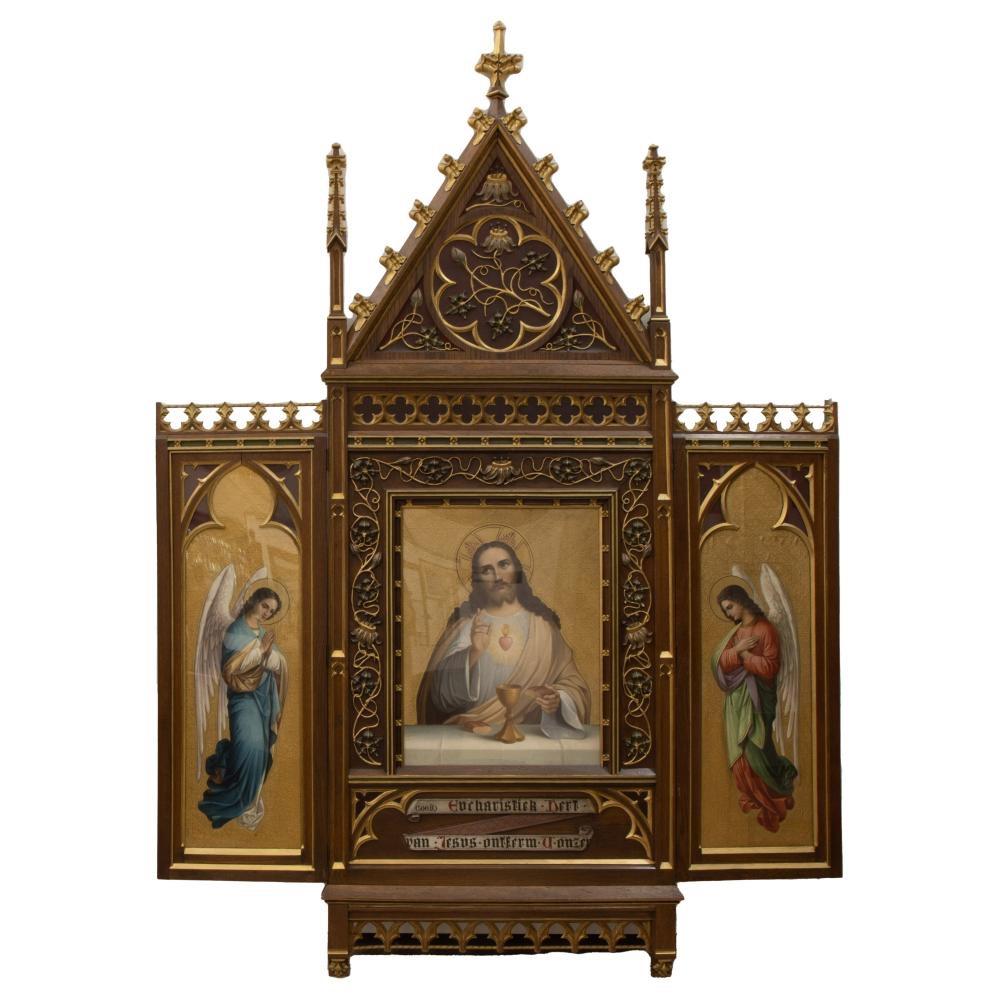 1 Gothic - style Neo-Gothic Triptych - Altarpiece, Oil On Canvas Marquetry On Panel Christ And Archangels, Original Frame And Carvings