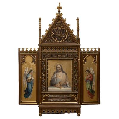 Neo-Gothic Triptych - Altarpiece, Oil On Canvas Marquetry On Panel Christ And Archangels, Original Frame And Carvings style Gothic - style en Oak -Wood, Belgium 19th Century