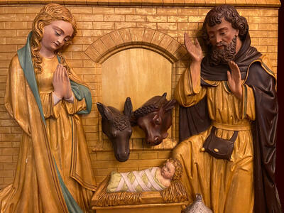 Relief Nativity Scene By: Mengelberg style Gothic - style en Hand - Carved Wood , Utrecht - Netherlands  18 th century ( Anno 1885 )