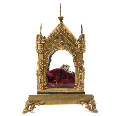 Reliquary - Relic Ex Ossibus St. Hubertus  style Gothic - Style en Brass / Glass / Wax Seal, France 19 th century