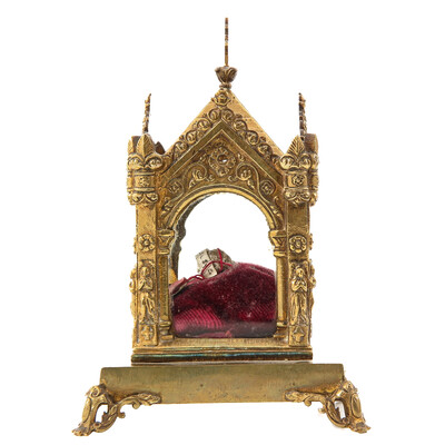 Reliquary - Relic Ex Ossibus St. Hubertus  style Gothic - Style en Brass / Glass / Wax Seal, France 19 th century
