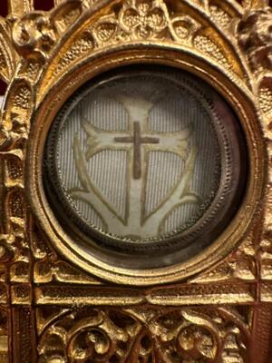 Reliquary - Relic True Cross With Original Document style Gothic - Style en Brass / Bronze / Gilt / Glass / Wax Seal, 19 th century