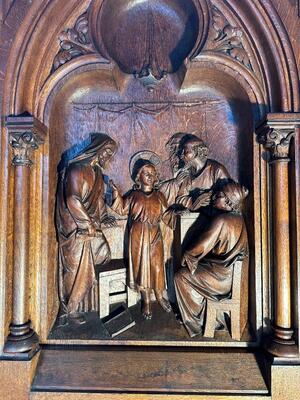 Representation : Jesus Teaches In The Temple  style Gothic - Style en Fully  Hand - Carved Oak / Framed, Belgium  19 th century ( Anno 1865 )