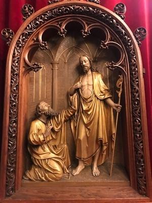 Retable : Christ And Doubting Thomas style Gothic - style en Hand - Carved wood polychrome, Vught - Dutch 19th century ( anno 1890 )
