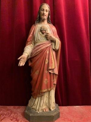 Sacred Heart Statue. Signed: Raffl Paris style Gothic - style en plaster polychrome, Paris France 19th century ( anno 1890 )