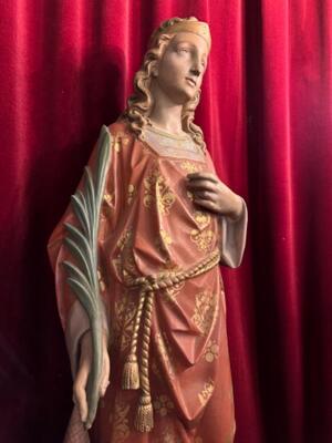 St. Barbara Statue Signed :Billaux - Grosse - Bruxelles style Gothic - Style en Plaster polychrome, Bruxelles - Belgium  19 th century ( Anno 1885 )