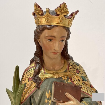 St. Catherine Statue Expected ! style Gothic - Style en Terra - Cotta Polychrome, France 19 th century