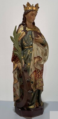 St. Catherine Statue Expected ! style Gothic - Style en Terra - Cotta Polychrome, France 19 th century