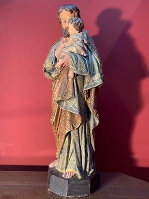 St Joseph Statue style Gothic - style en Terra-Cotta Polychrome, France 19th century ( anno 1875 )