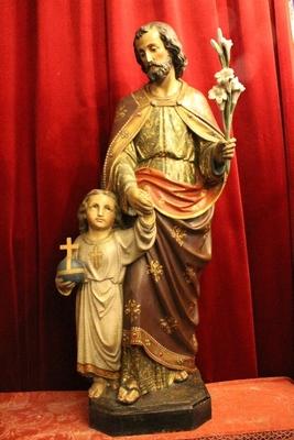 St. Joseph Statue With Child style Gothic - style en plaster polychrome, Belgium 19th century ( anno 1870 )