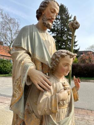 St. Joseph With Child Statue style Gothic - Style en Plaster polychrome, Belgium  19 th century ( Anno 1885 )