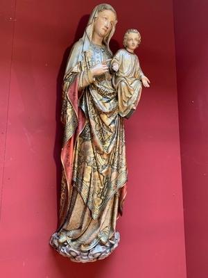 St. Mary & Child Wall - Sculpture style Gothic - style en hand-carved wood polychrome, Belgium 19th century ( anno 1865 )