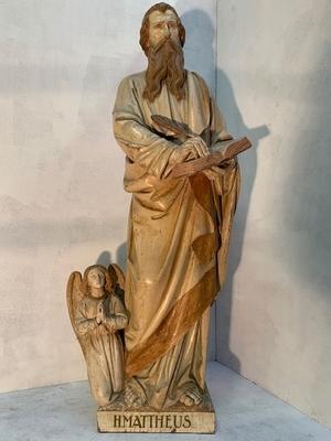 St. Mattheus Sculpted By The Famous Friedrich Wilhelm Mengelberg style Gothic - style en hand-carved wood polychrome, Dutch 19th century ( anno 1895 )
