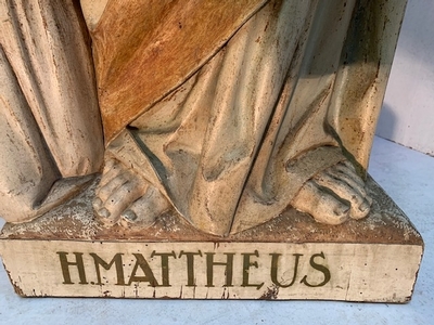 St. Mattheus Sculpted By The Famous Friedrich Wilhelm Mengelberg style Gothic - style en hand-carved wood polychrome, Dutch 19th century ( anno 1895 )