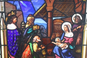 Stained Glass Window. Nativity Scene. style Gothic - style en glass, Belgium 19th century