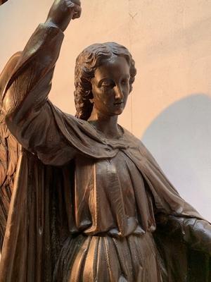 Statue Angel Of Judgement style Gothic - style en fully hand - carved wood, Belgium 19th century ( 1870 )